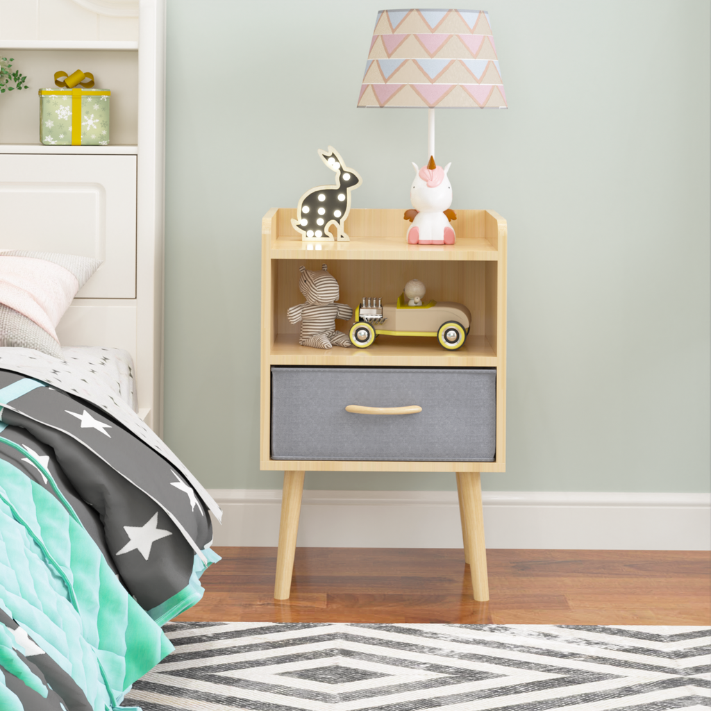 Nightstand With Collapsible Fabric Drawer, 2 Tier Storage End Table, Wood Side Table With Storage Cabinet Or Kids, Adults Oak