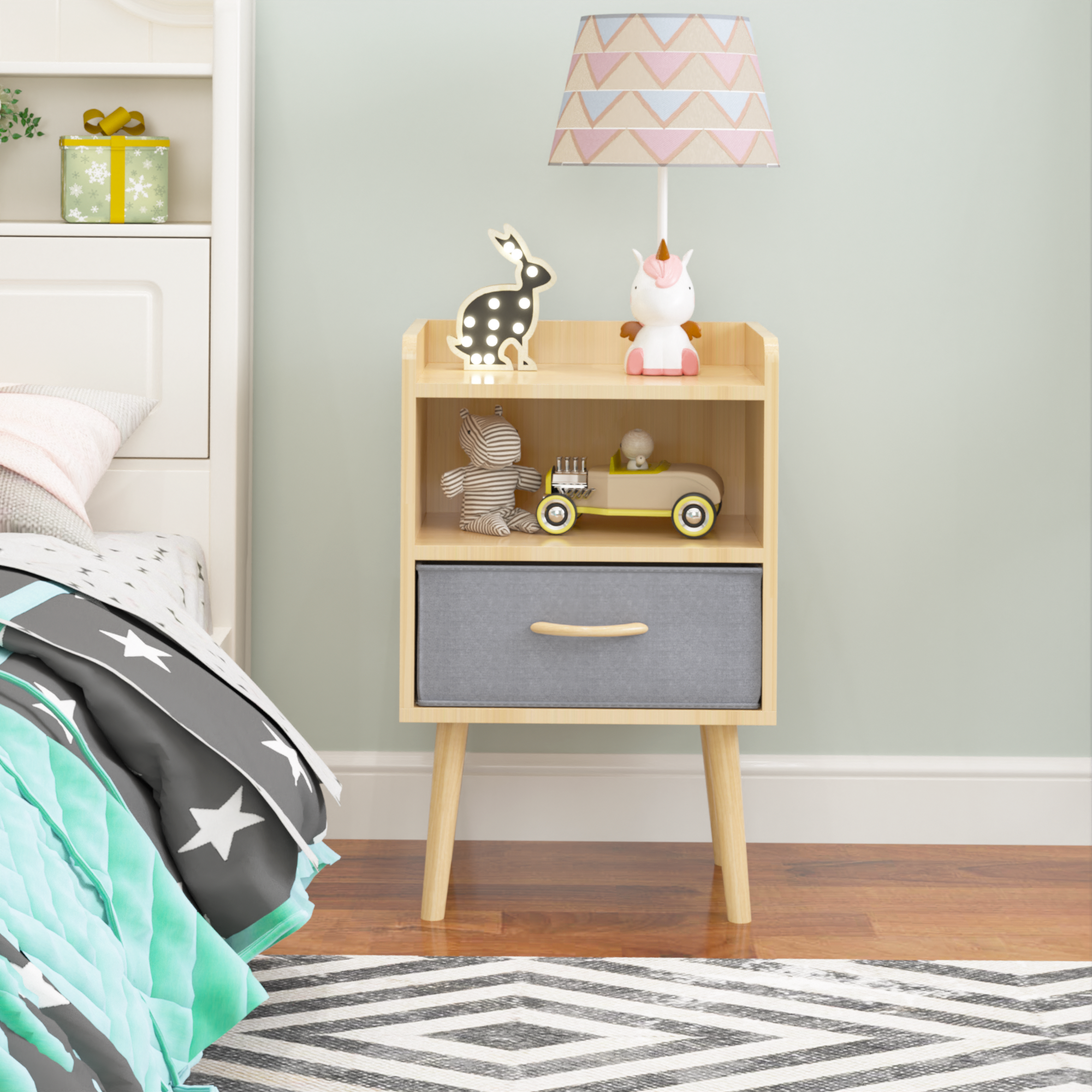 Nightstand With Collapsible Fabric Drawer, 2 Tier Storage End Table, Wood Side Table With Storage Cabinet Or Kids, Adults Oak