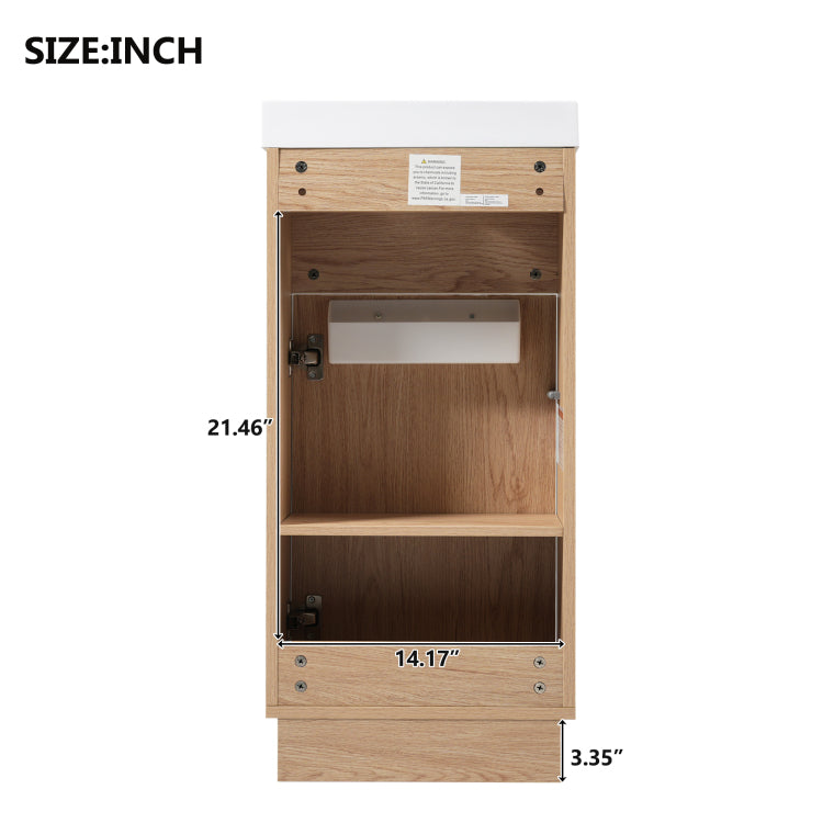 15.75" Bathroom Vanity With Reversible Resin Sink, Mdf Cabinet With Adjustable Shelf And Push To Open Door, Wood Grain Melamine Finish, Reversible Door, Rustic Style For Small Spaces