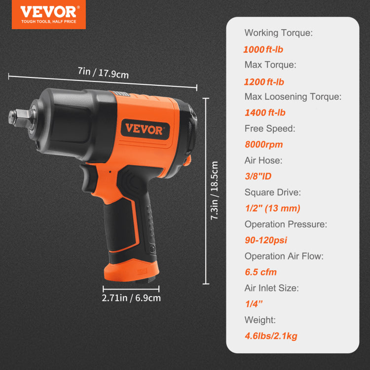 Air Impact Wrench 1 2" Square Drive 1400Ft Lb Nut Busting Torque 90 120Psi