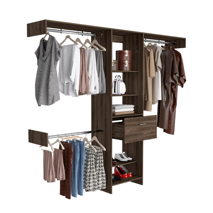 Cross Closet System, One Drawer, Three Metal Rod, Five Open Shelves