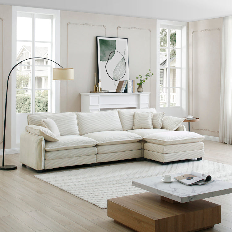 Oversize 3 Seater Sofa With One Footrest, L Shaped Sectional Sofa With Ottoman For Living Rooms, White Corduroy Sofa