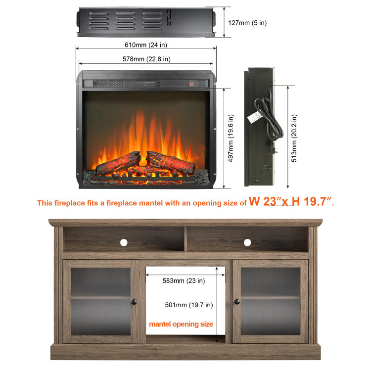 23 Inch Electric Fireplace Insert, Ultra Thin Heater With Log Set & Realistic Flame, Remote Control With Timer, Overheating Protection