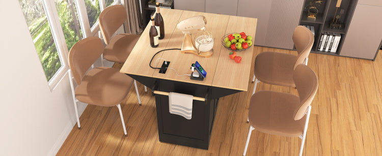 K&K 55.7'' Large Kitchen Island With 2 Drop Leaf, Rolling Kitchen Cart On 5 Wheels With Power Outlet, Folding Storage Dining Table With Spice & Towel Rack , 3 Drawers, For Kitchen, Dining Room,Black