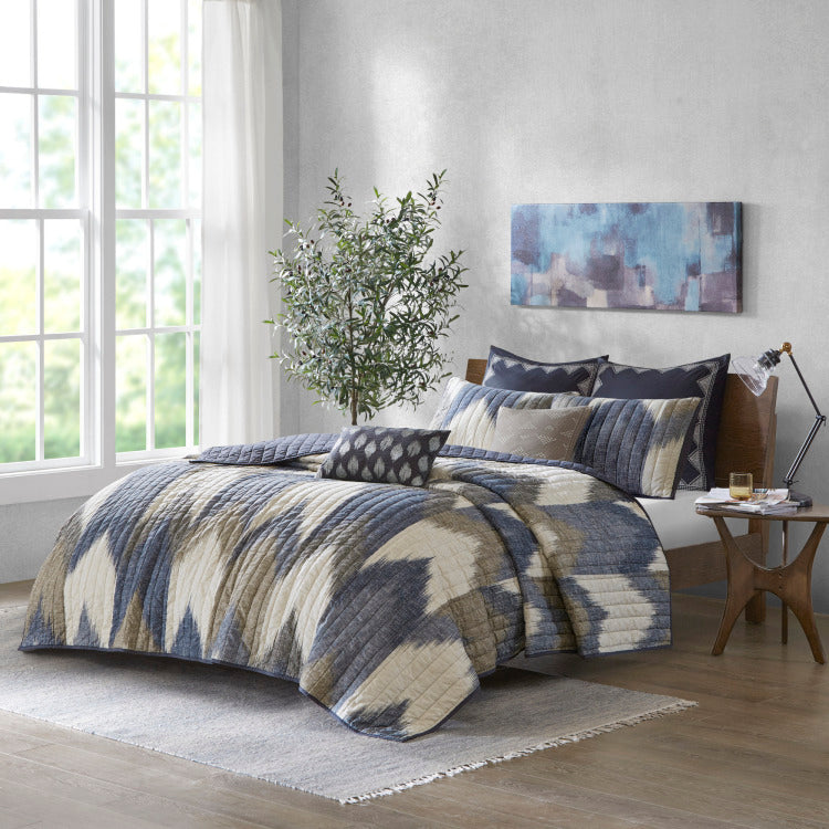 3 Piece Printed Cotton Quilt Set Navy Full Queen
