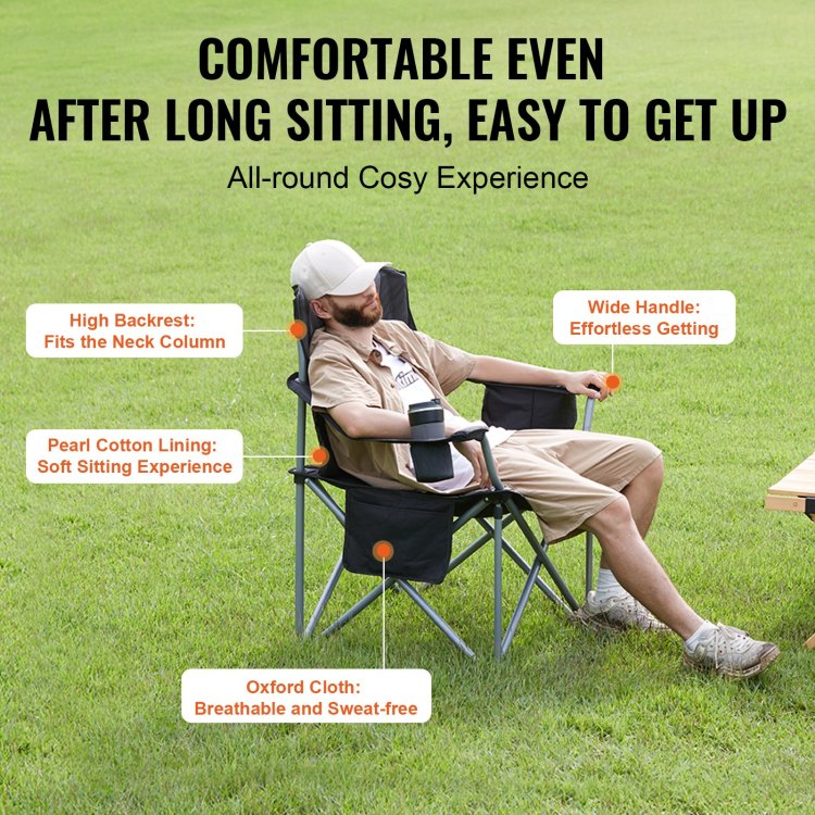 Camping Folding Chair For Adults, Portable Heavy Duty Outdoor Quad Lumbar Back Padded Arm Chairs With Side Pockets, Cup Holder And Cooler Bag For Beach, Lawn, Picnic, Fishing, Backpacking, Black