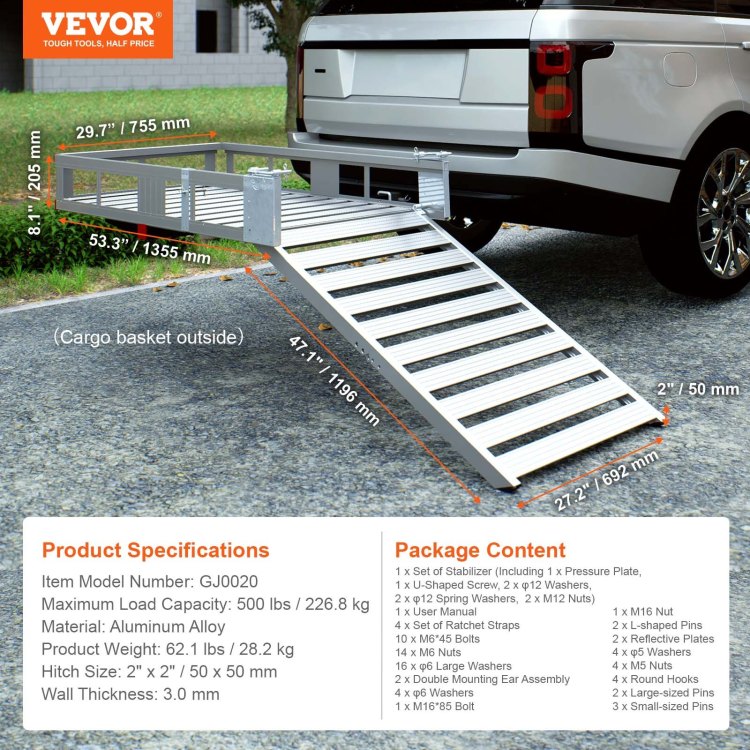 Hitch Mount Cargo Carrier, 45.3" X 25.6" Aluminum Hitch Cargo Rack With Folding Ramp, Hitch Rack Basket With Stabilizer And Straps, 500Lbs Mobility Scooter Carrier Fit 2" Hitch Receiver