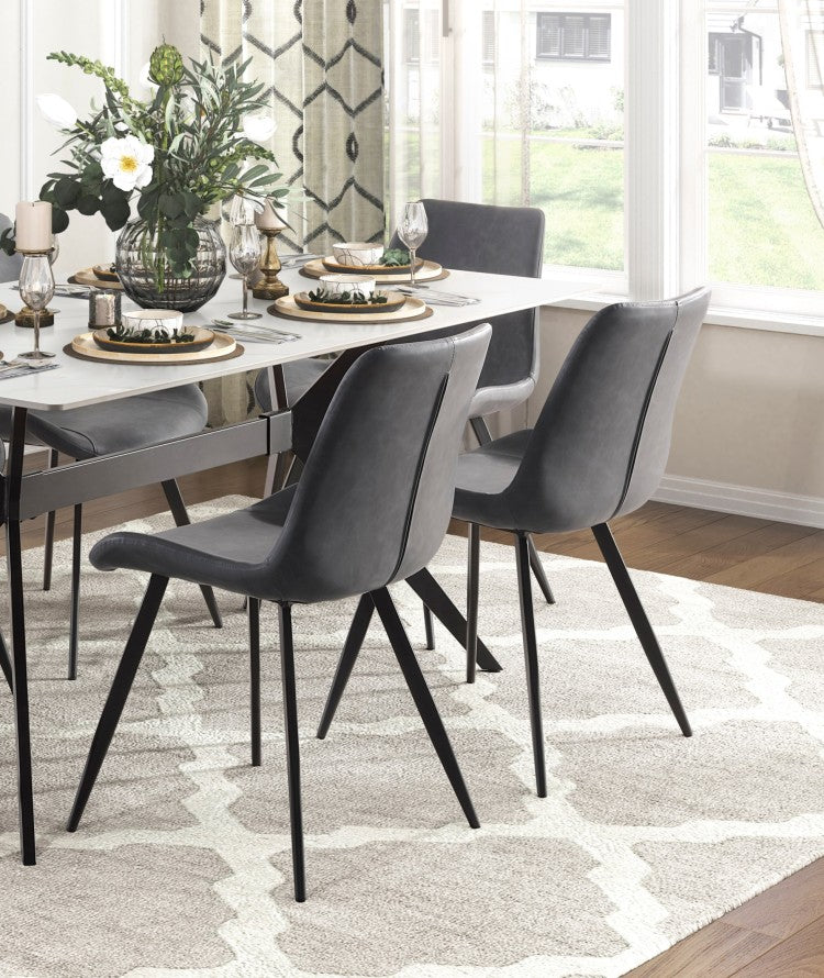Modern Design Dining Chairs 2Pc Set Gray Faux Leather Upholstery Black Metal Legs Kitchen Dining Furniture