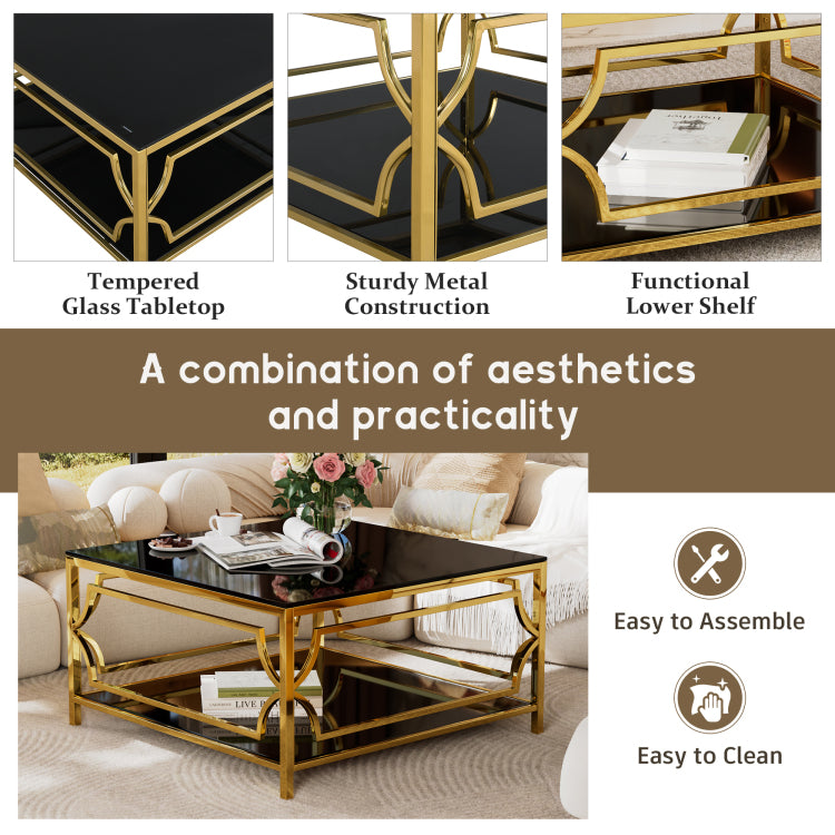 Square Glass Coffee Table In 33.5",Luxurious Geometric Metal Frame,Gold Finish & Lower Shelf