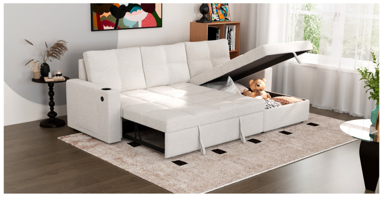 Convertible Fabric Sofa Bed, Pullout Sectional Sleeper Sofa Couches With Usb Charging & Cup Holders, L Shape Sleeper With Storage For Living Room Beige