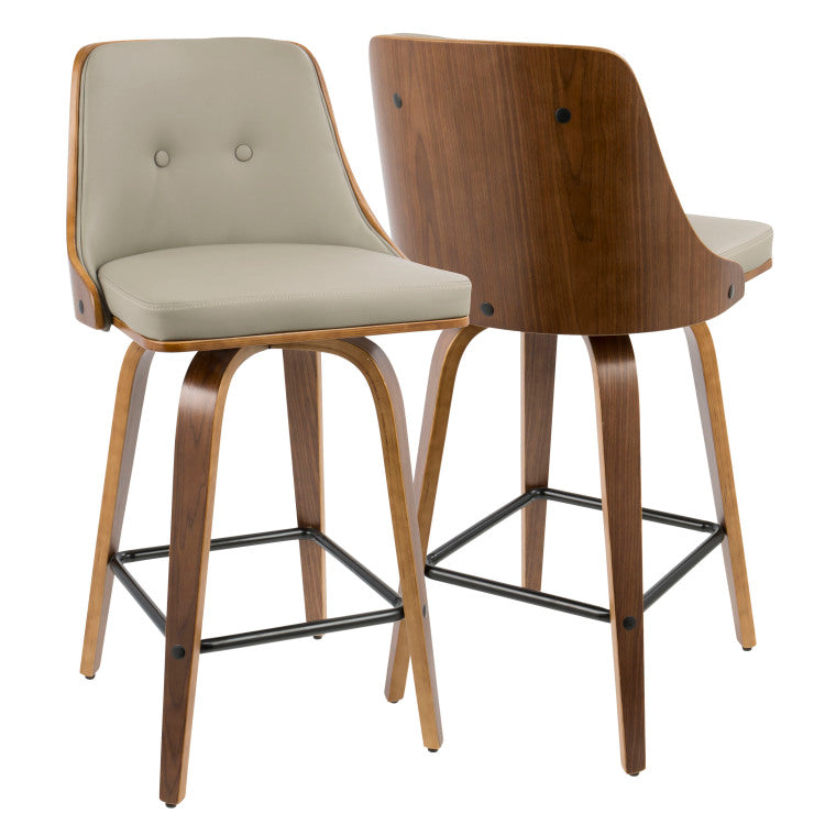 26" Mid Century Modern Counter Stool In Walnut With Light Grey Faux Leather Set Of 2