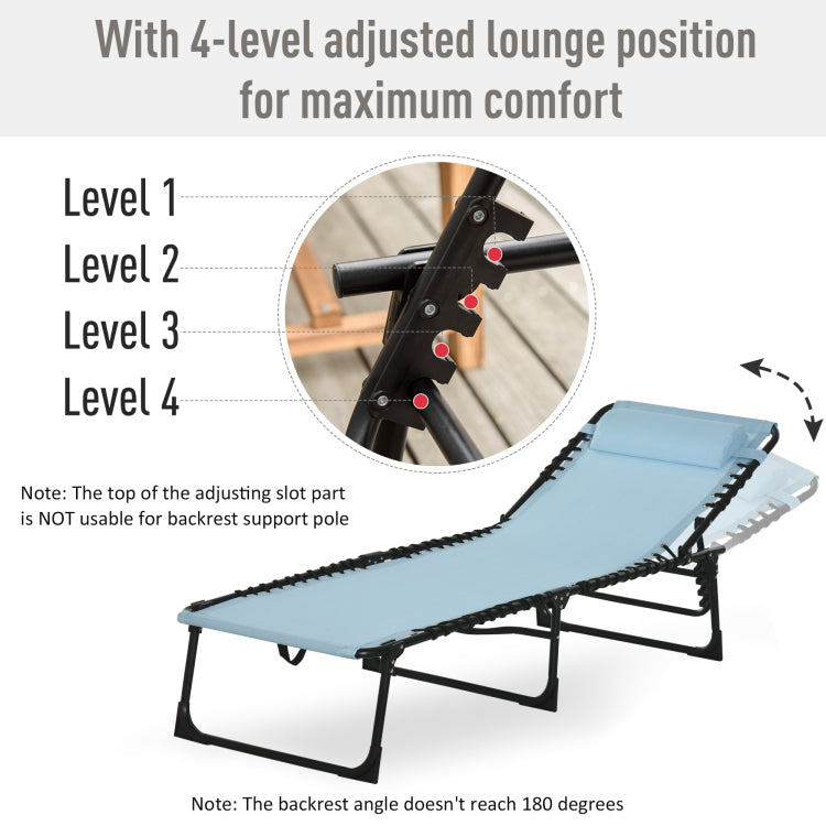 Outsunny Folding Chaise Lounge Pool Chair, Patio Sun Tanning Chair, Outdoor Lounge Chair W 4 Position Reclining Back, Pillow, Mesh & Bungee Seat For Beach, Yard, Patio, Baby Blue