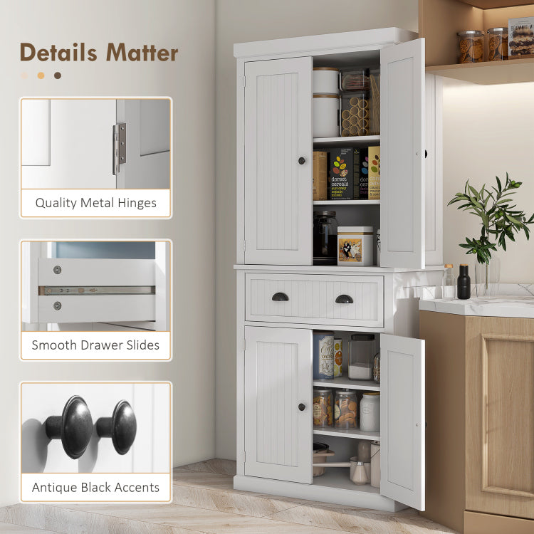 Homcom 72" Kitchen Pantry, Tall Storage Cabinet, Freestanding Cupboard With Drawer, Doors And Adjustable Shelves, White