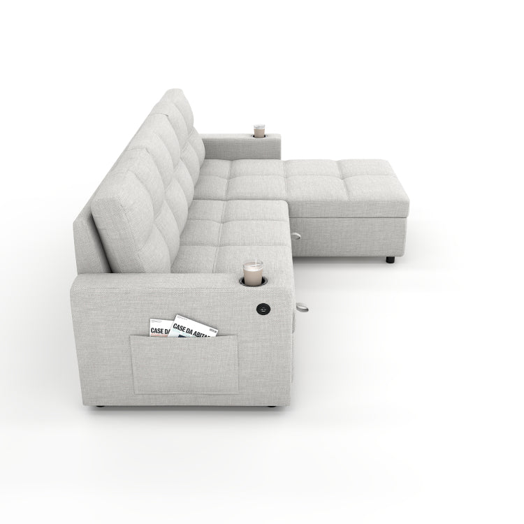 Convertible Fabric Sofa Bed, Pullout Sectional Sleeper Sofa Couches With Usb Charging & Cup Holders, L Shape Sleeper With Storage For Living Room Beige
