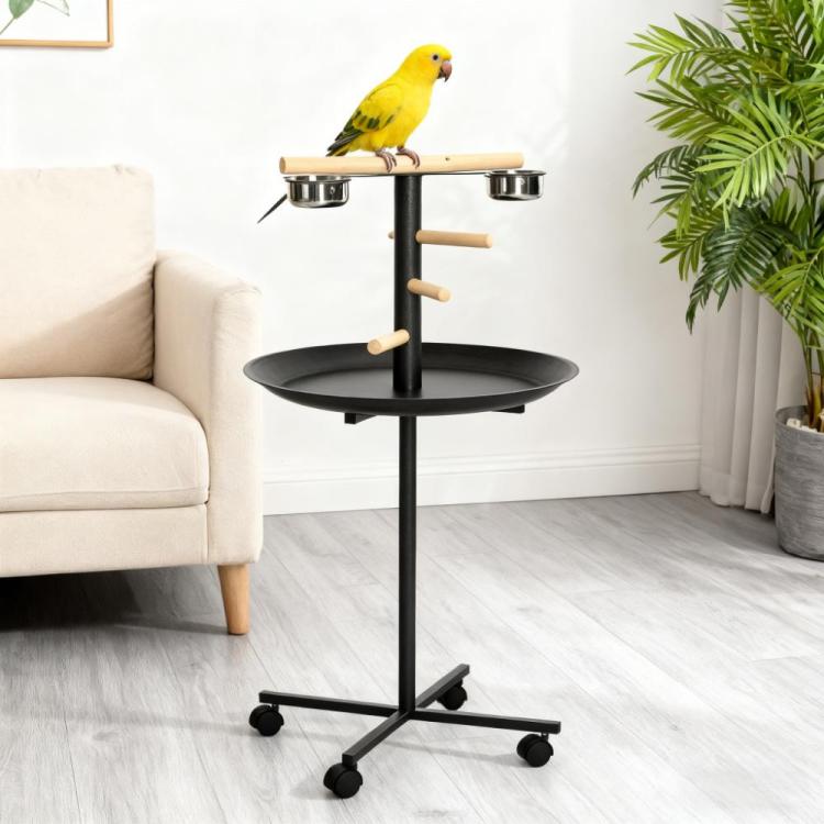 Bird Feeder Station With Wheels,Portable Bird Play Stand,Stainless Steel Feeding Bowls, Tray