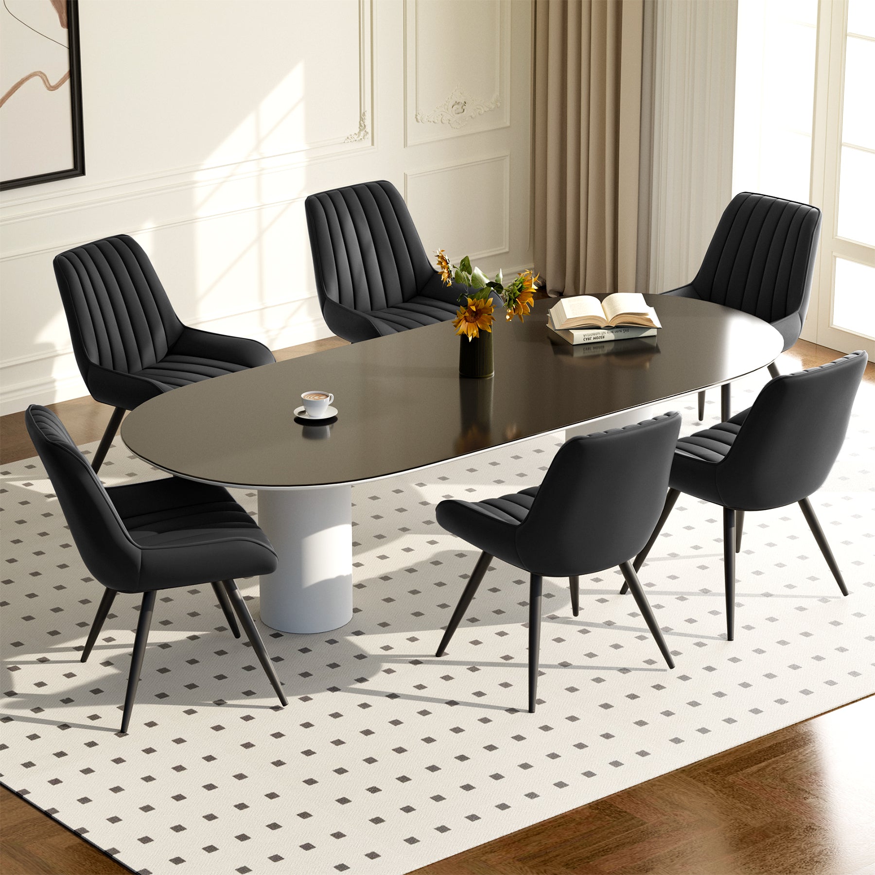 Modern Dining Chairs Set Of 4, Comfy Dining Room Chairs With Thick Cushions, Upholstered Fabric Kitchen Side Chairs With Metal Legs, Black