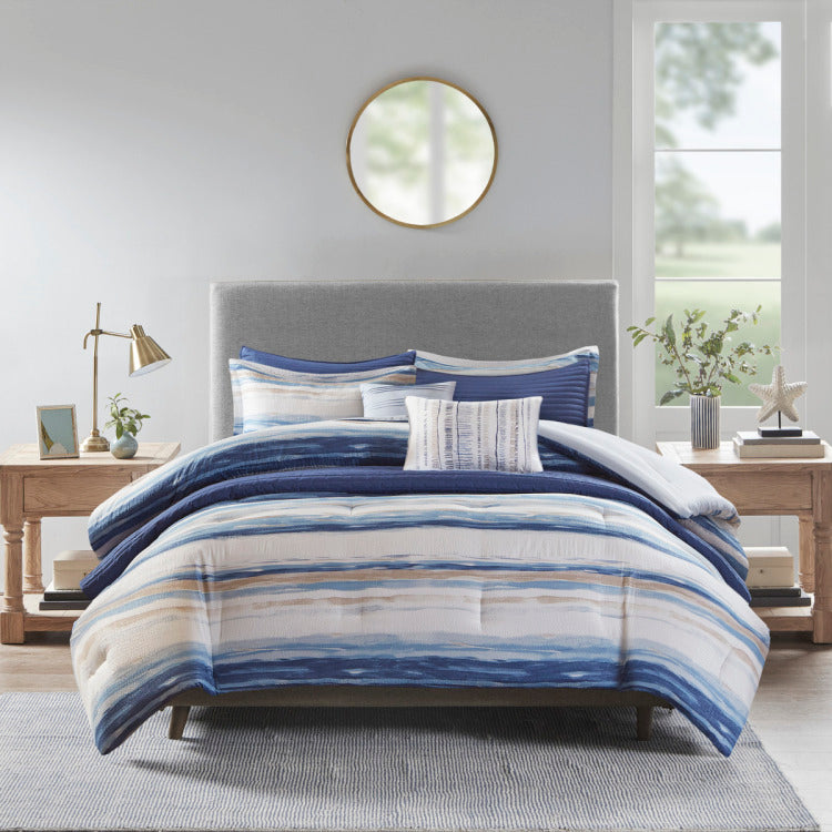 8 Piece Printed Seersucker Comforter And Quilt Set Collection Blue Full Queen