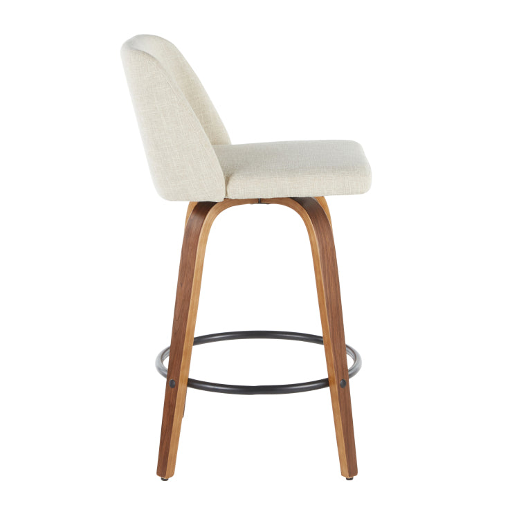 Mid Century Modern Counter Stool In Walnut And Cream Fabric Set Of 2