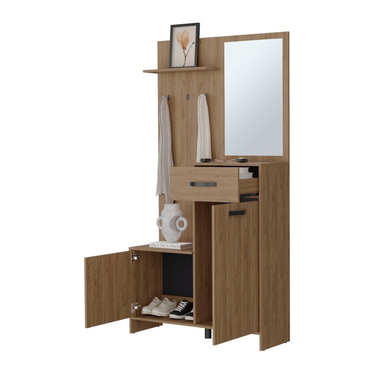 Natural Oak Hall Tree Multistorage With 1 Mirror And Adjustable Legs