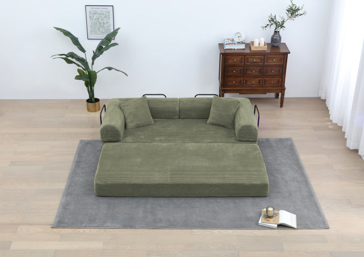 Convertible Sleeper Sofa Bed With Cylindrical Pillow Corduroy Folding Mattress Couch With Fixed Shape Frame For Living Room, Bedroom, Lounge, Studio Light Green