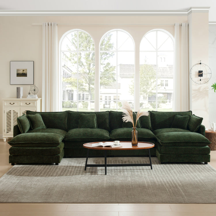 Comfort U Shaped Couch With Reversible Chaise, Modular Large U Shape Sectional Sofa, Double Extra Ottomans,Green Chenille