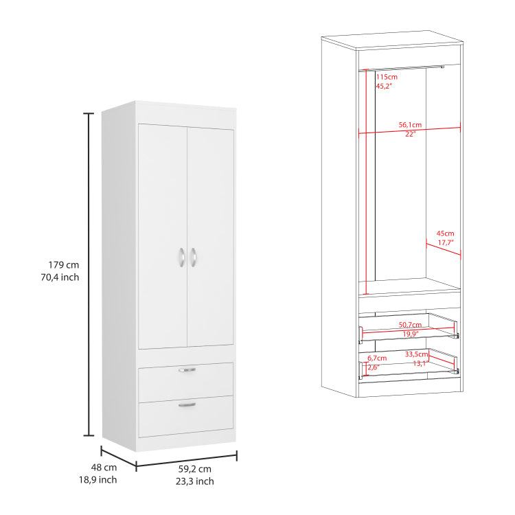 Lisboa Armoire, Rod, Double Door, Two Drawers, Metal Handles White