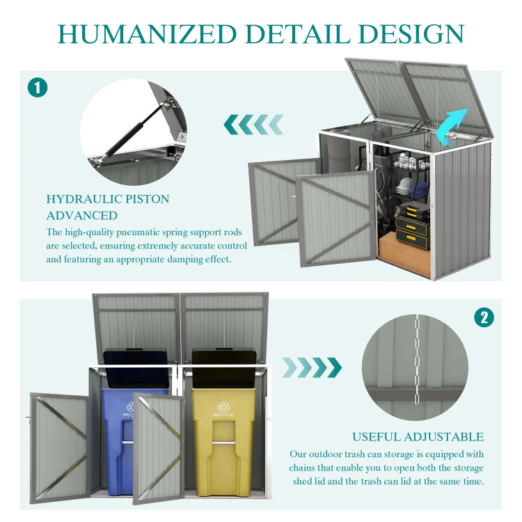 Garbage Bin Shed Stores 2 Trash Cans Metal Outdoor Bin Shed For Garbage Storage,54 Cubic Feet Of Space,Stainless Galvanized Steel, Bin Shed For Garden Yard Lawn,Grey