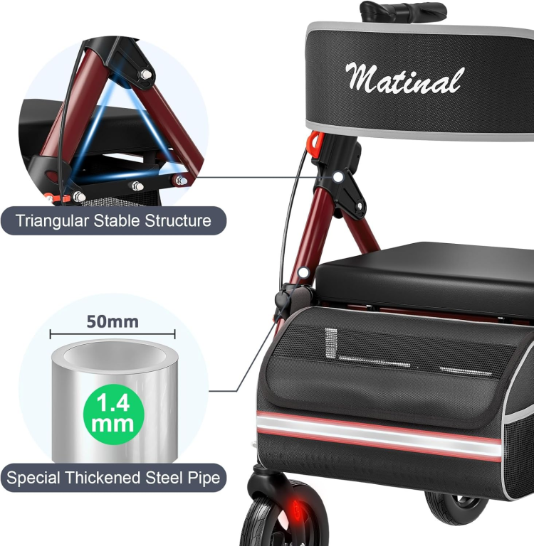 Matinal Foldable Rollator Walkers With Seat For Seniors, 350 Lb Capacity, 8'' Big Wheels, 6 Position Height, Premium Hybrid Rolling Walker Aluminum And Carbon Steel Burgundy