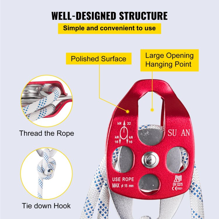 Twin Sheave Block And Tackle 1 2" X 100Ft Twin Sheave Block With Braid Rope 30 35Kn 6600 7705Lbs Double Pulley Rigging