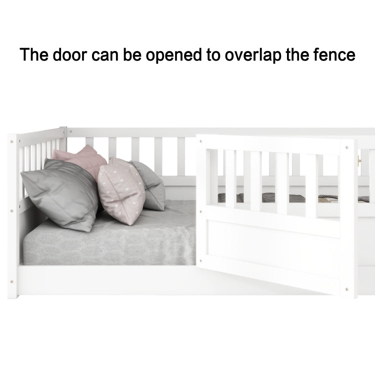 Twin Size Floor Bed, Integral Construction With Super High Security Barrier, Door, Children'S Floor Bed Frame, Montessori Wooden Children'S Floor Bed, White Patented Model