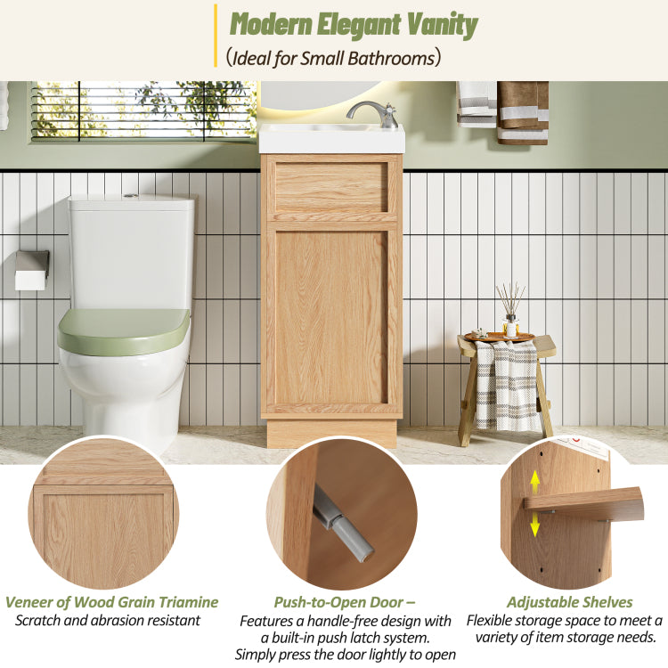 15.75" Bathroom Vanity With Reversible Resin Sink, Mdf Cabinet With Adjustable Shelf And Push To Open Door, Wood Grain Melamine Finish, Reversible Door, Rustic Style For Small Spaces
