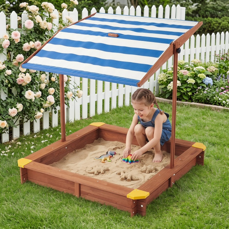 Kids Sandbox With Cover, 46" Wooden Sand Box W Adjustable Canopy, Large Outdoor Cedar Sandpit For Backyard Play