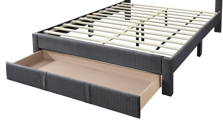 Luxury Contemporary Look 1Pc Full Size Bed W Storage Drawer Charcoal Corduroy Headboard Bedframe