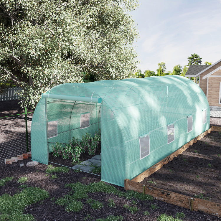 Outsunny 20' X 10' X 7' Walk In Tunnel Greenhouse, Garden Warm House, Large Hot House Kit With 8 Roll Up Windows & Roll Up Door, Steel Frame, Green