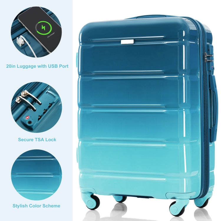 Luggage Sets 5 Piece, 20 Inch With Usb Port, Abs Durable Suitcase With Travel Bag, Abs Pc Hard Shell Luggage With Spinner Wheels, Blue