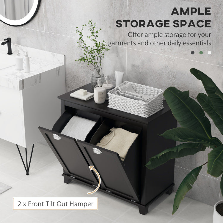 Homcom Dual Tilt Out Laundry Hamper Cabinet, Bathroom Storage Cabinet With 2 Compartment Hamper, Modern Floor Cabinet For Washroom, Black