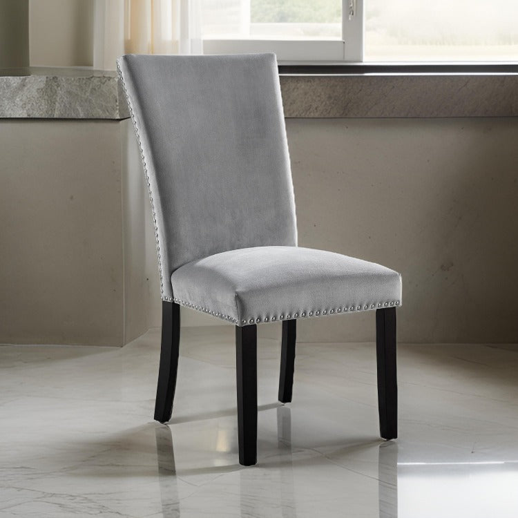 28 Inch Dining Side Chair Set Of 2, Padded Gray Flannelette, Black Wood