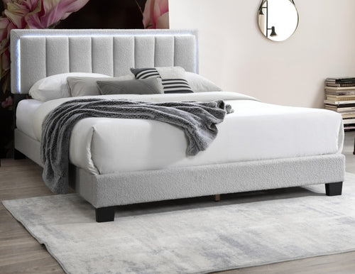 1Pc Full Size Bed Channel Tufting W Led Full Upholstered Light Gray Finish Bedroom Furniture
