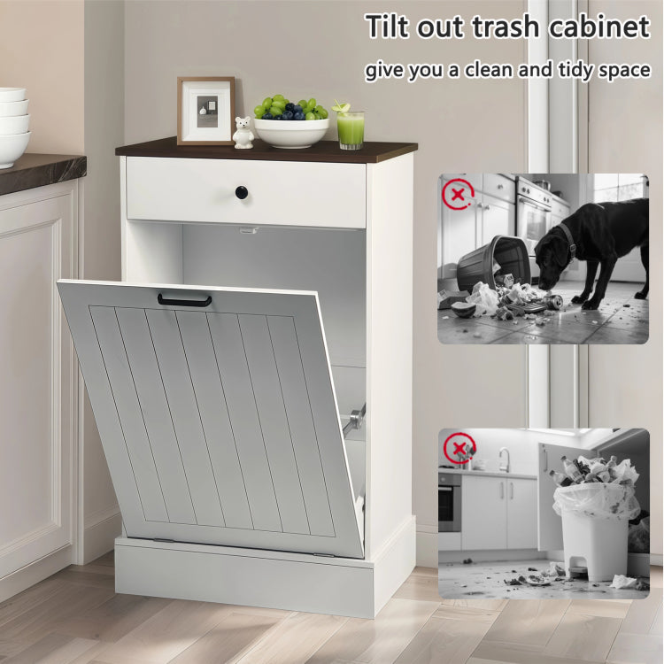 Tilt Out Trash Can Cabinet, Hidden Wooden Trash Can Cabinet With Drawer, Free Standing Garbage Cabinet For Kitchen, 10 Gallon Farmhouse Laundry Hamper Cabinet For Kitchen, Living Room White