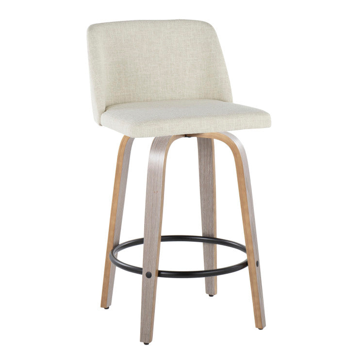 26" Contemporary Fixed Height Counter Stool With Swivel In Light Grey Wood And Cream Fabric With Round Black Metal Footrest Set Of 2