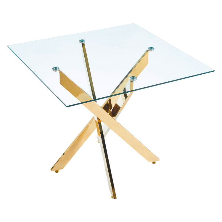 Dining Table With Cross Metal Leg And Tempered Glass,Modern Space Saving Kitchen Table For Living Room,Chrome Legs,Square Table,Golden Legs,90X90X75Cm