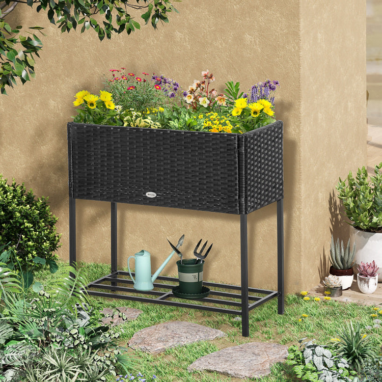 Outsunny Raised Garden Bed, Elevated Planter Box With Rattan Wicker Look, Tool Storage Shelf, Portable Design For Herbs, Vegetables, Flowers, Black