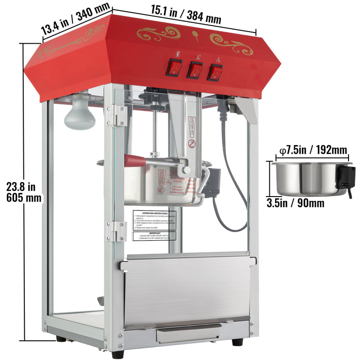 Popcorn Popper Machine 8 Oz Countertop Popcorn Maker 850W 48 Cups Red