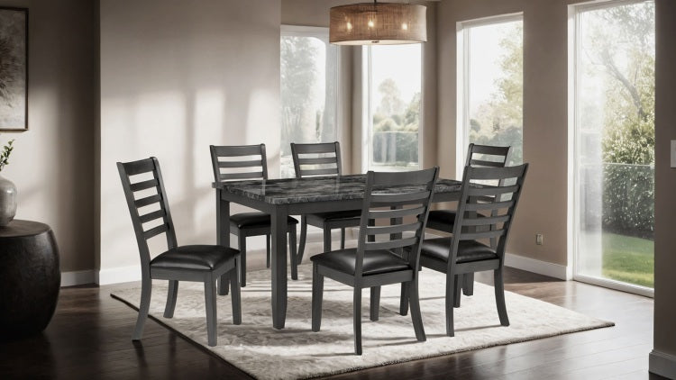 Simple Classic Dark Gray 7Pc Dining Set Faux Marble Top Dining Table 6Xside Chairs Fabric Seats Dining Room Furniture
