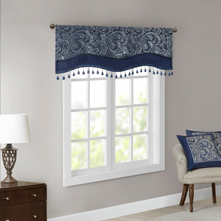 Jacquard Window Rod Pocket Valance With Ds Navy 50X18"