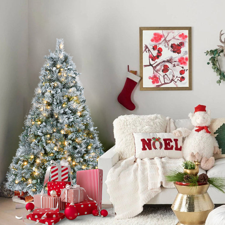 4Ft Prelit Flocked Christmas Tree With Pine Needles & Eucalyptus Leaves, 150 Warm White Led Lights, 404 Tips, Hinged Branches, Metal Stand Snowy Artificial Tree For Holiday Decor