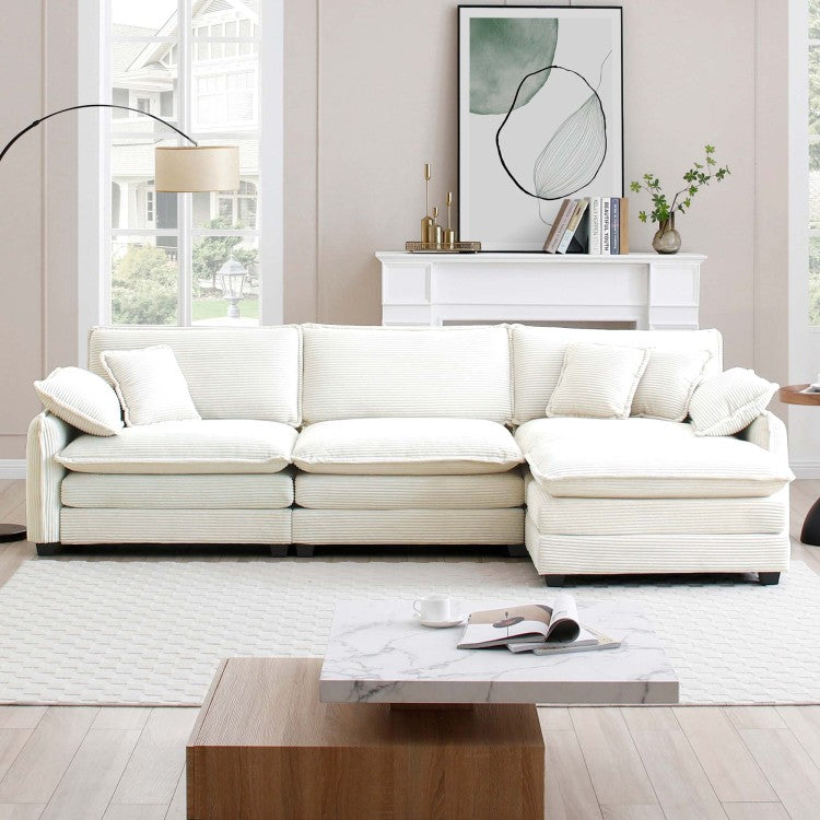 Oversize 3 Seater Sofa With One Footrest, L Shaped Sectional Sofa With Ottoman For Living Rooms, White Corduroy Sofa