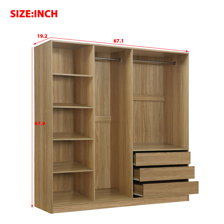 Doorless Wooden Storage Wardrobe For Dedroom With Shelves And 3 Drawers,Nature