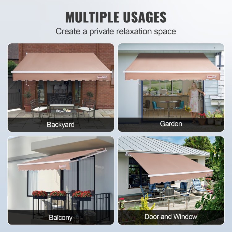 Manual Retractable Awning, 12 X 10 Ft Outdoor Patio Awning Retractable Sun Shade, Water Resistant Polyester Patio Door Window Awning Sunshade Shelter With Crank Handle For Backyard, Balcony