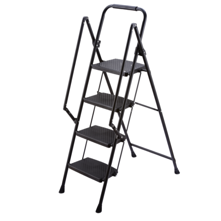 Four Step Ladder, Lightweight Folding Four Step Stool, Wide Anti Slip Pedal And Safety Handle, Sturdy Steel Ladder, Multi Purpose Step Ladder, Suitable For Home, Kitchen, And Office Elevators
